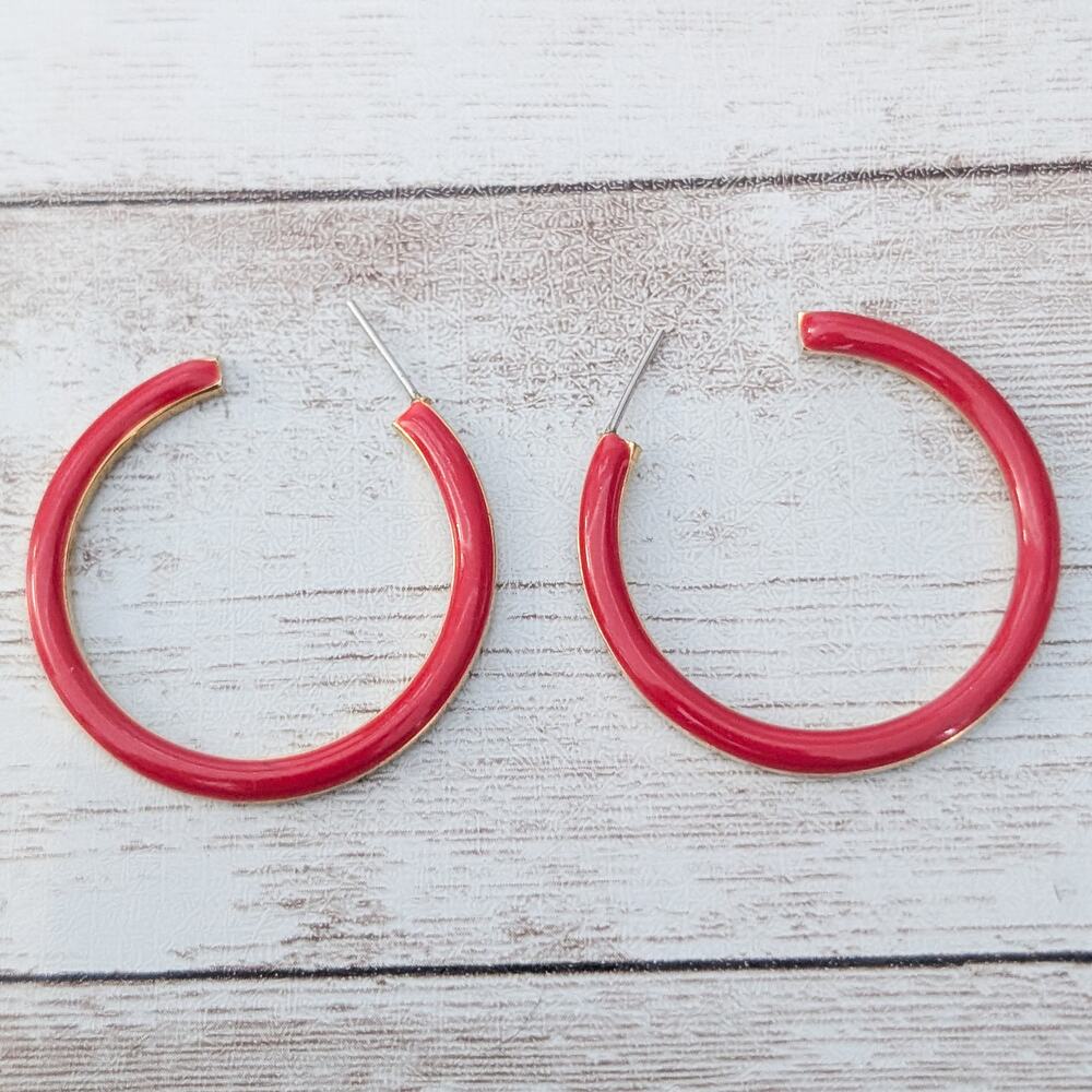 Vintage Stud Earrings Red & Gold Tone Large Hoops